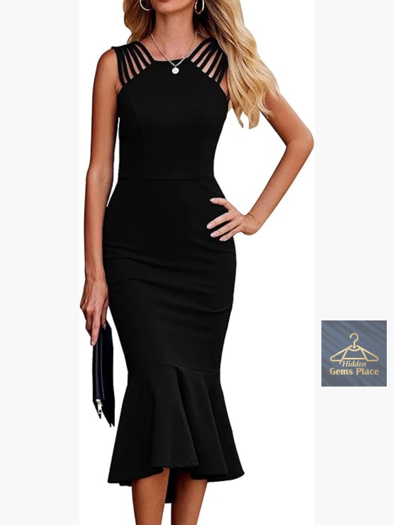 Sleeveless Midi Bodycon Formal Dress Ruffle Mermaid Hem Cocktail Wedding Guest